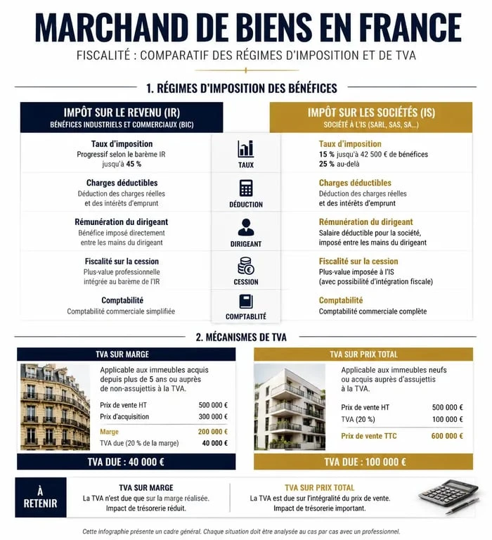 Infographie comparative de la fiscalité pour marchand de biens : IR, IS et TVA sur marge.