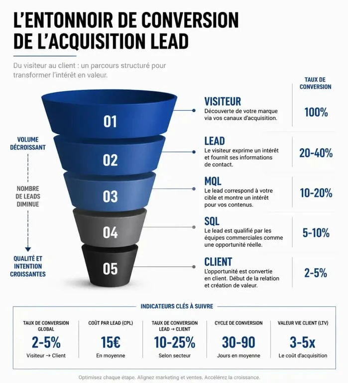 Infographie du tunnel de lead acquisition marketing montrant la conversion de visiteur en client