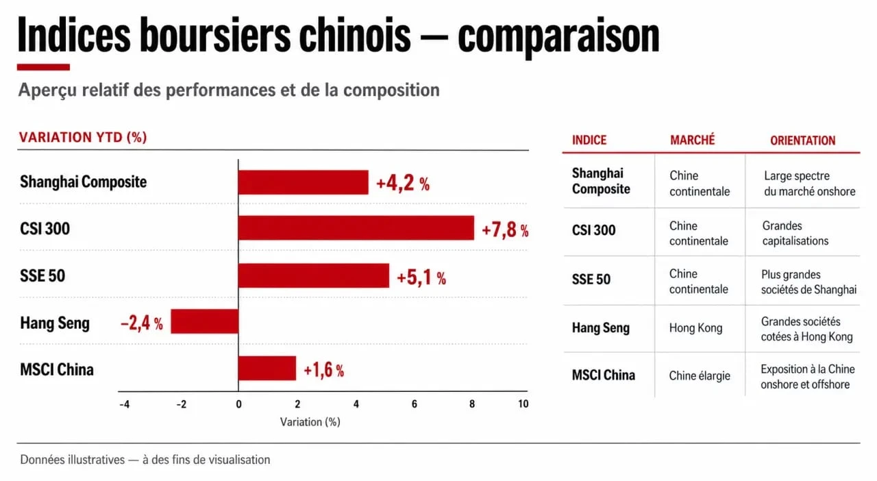 Comparatif des principaux indices boursiers chinois : Shanghai Composite, CSI 300 et Hang Seng