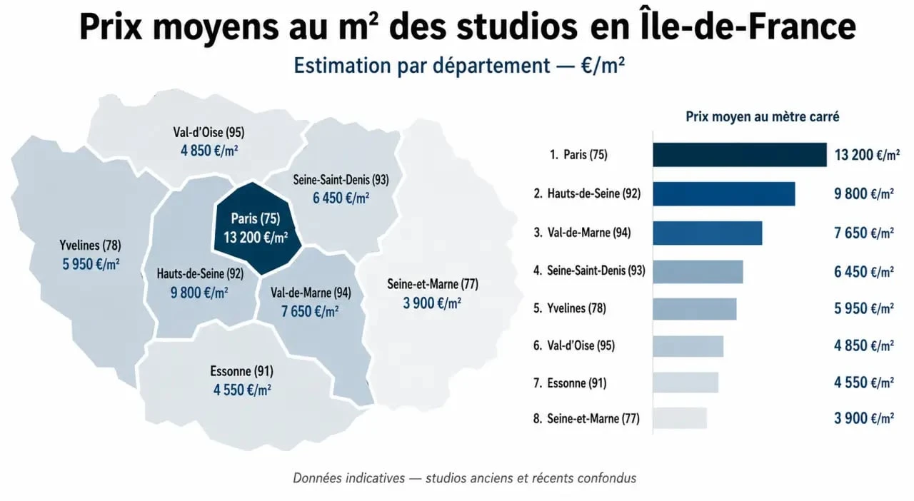 Prix moyen au mètre carré pour l'achat d'un studio en Île-de-France par département