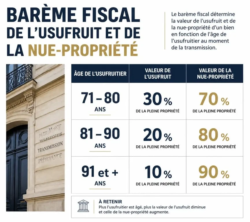 Tableau illustrant le barème fiscal de la donation en nue-propriété après 70 ans