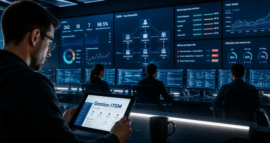 outil itsm équipe devant dashboards support informatique