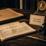 Succession sans enfant avec testament sur table en chêne sombre