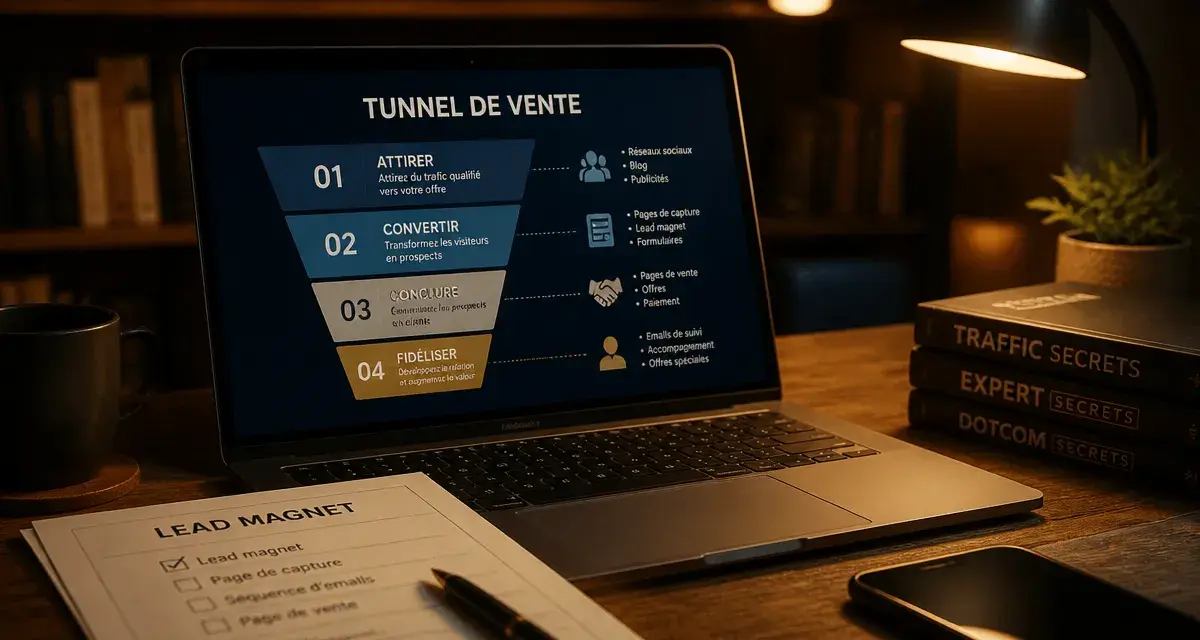 Tunnel de vente gratuit : schéma 4 étapes sur écran