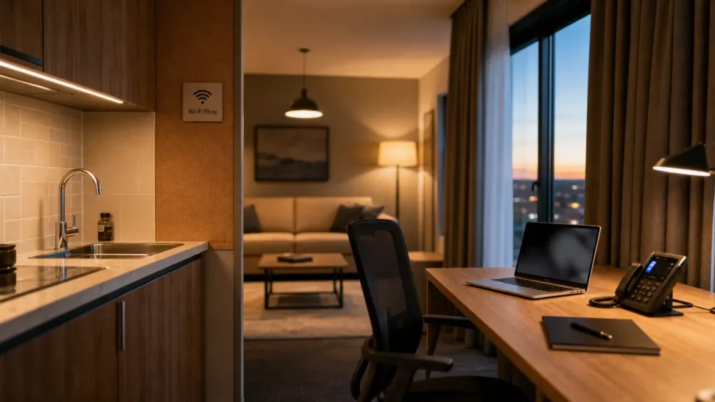 Appartehotel location entreprise : bureau et coin kitchenette pour séjour pro