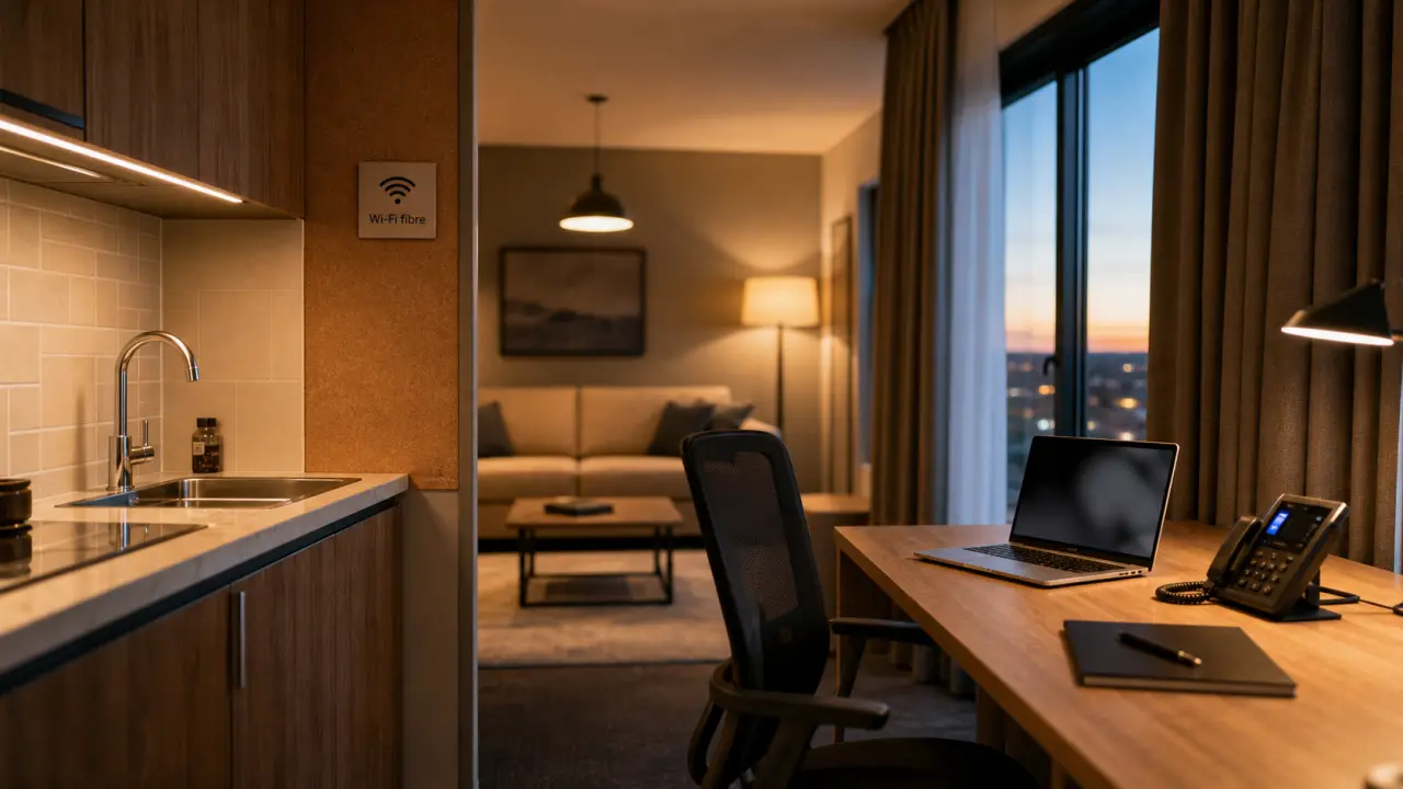 Appartehotel location entreprise : bureau et coin kitchenette pour séjour pro