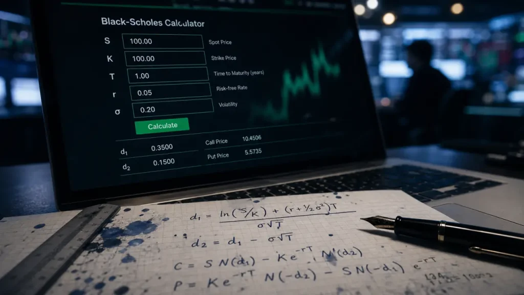 Black Scholes : écran avec formule de prix d’option