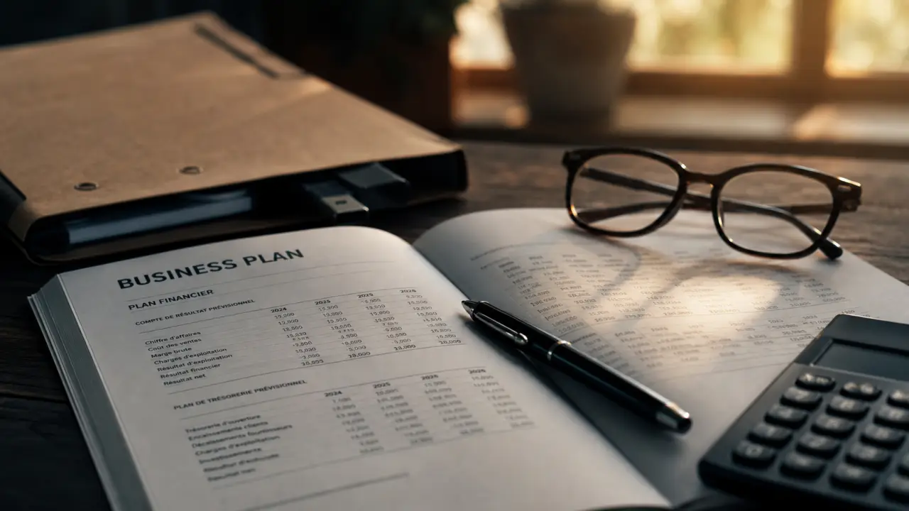 Business plan of a business sur bureau en chêne, prévisions et calculatrice