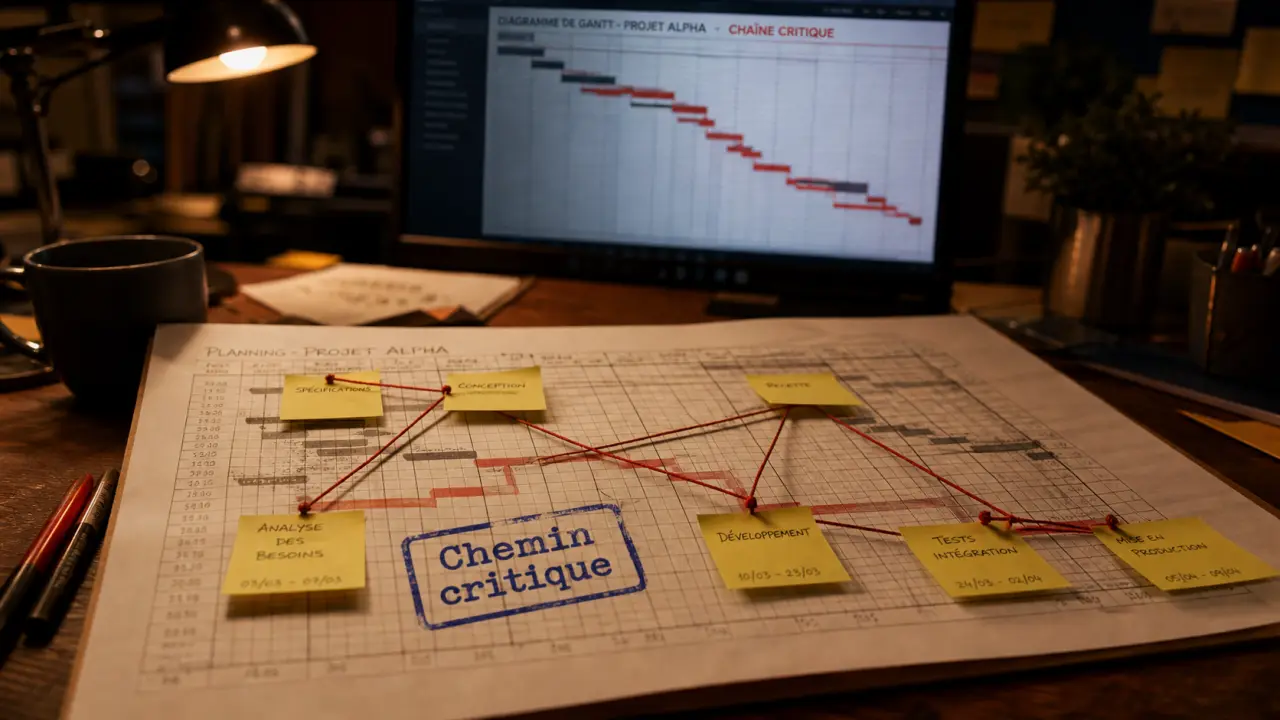 Chemin critique Gantt : tâches clés fixant la date de fin