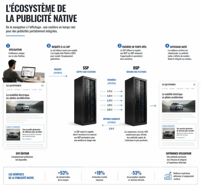 Schéma du fonctionnement technique de la publicité native avec SSP et DSP