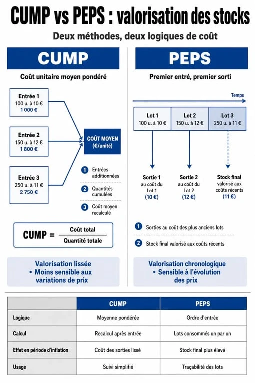 Infographie comparative des méthodes pour valoriser un stock : CUMP vs PEPS