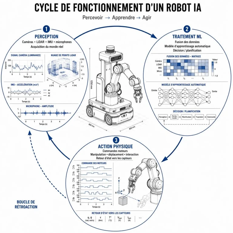 Schéma de fonctionnement d'un robot intelligence artificielle : perception, traitement et action