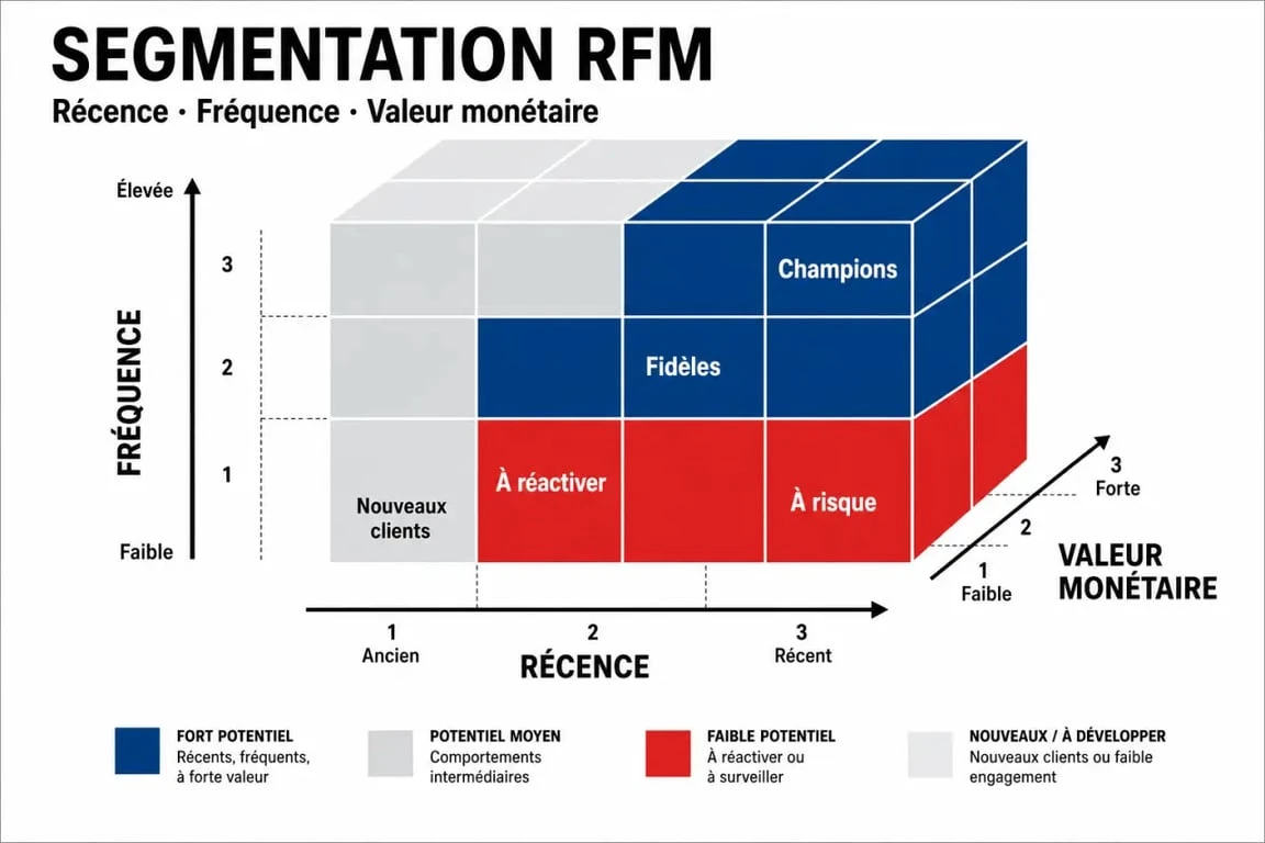 Schéma explicatif de la méthode de segmentation comportementale RFM pour le marketing