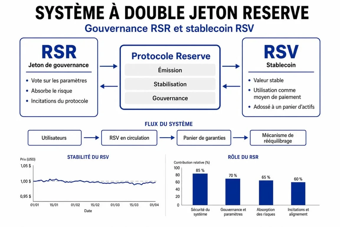 Schéma explicatif du fonctionnement du protocole crypto Reserve Rights RSR et du stablecoin RSV