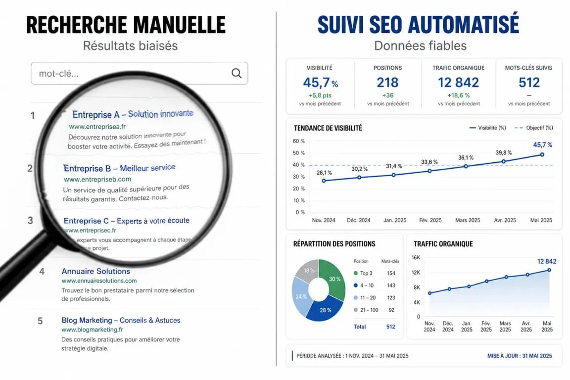 Comparaison entre la recherche manuelle biaisée et le suivi automatisé pour vérifier sa position Google