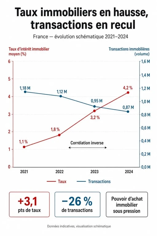 Infographie illustrant l'impact de la crise immobilière sur les transactions et les taux d'intérêt en France