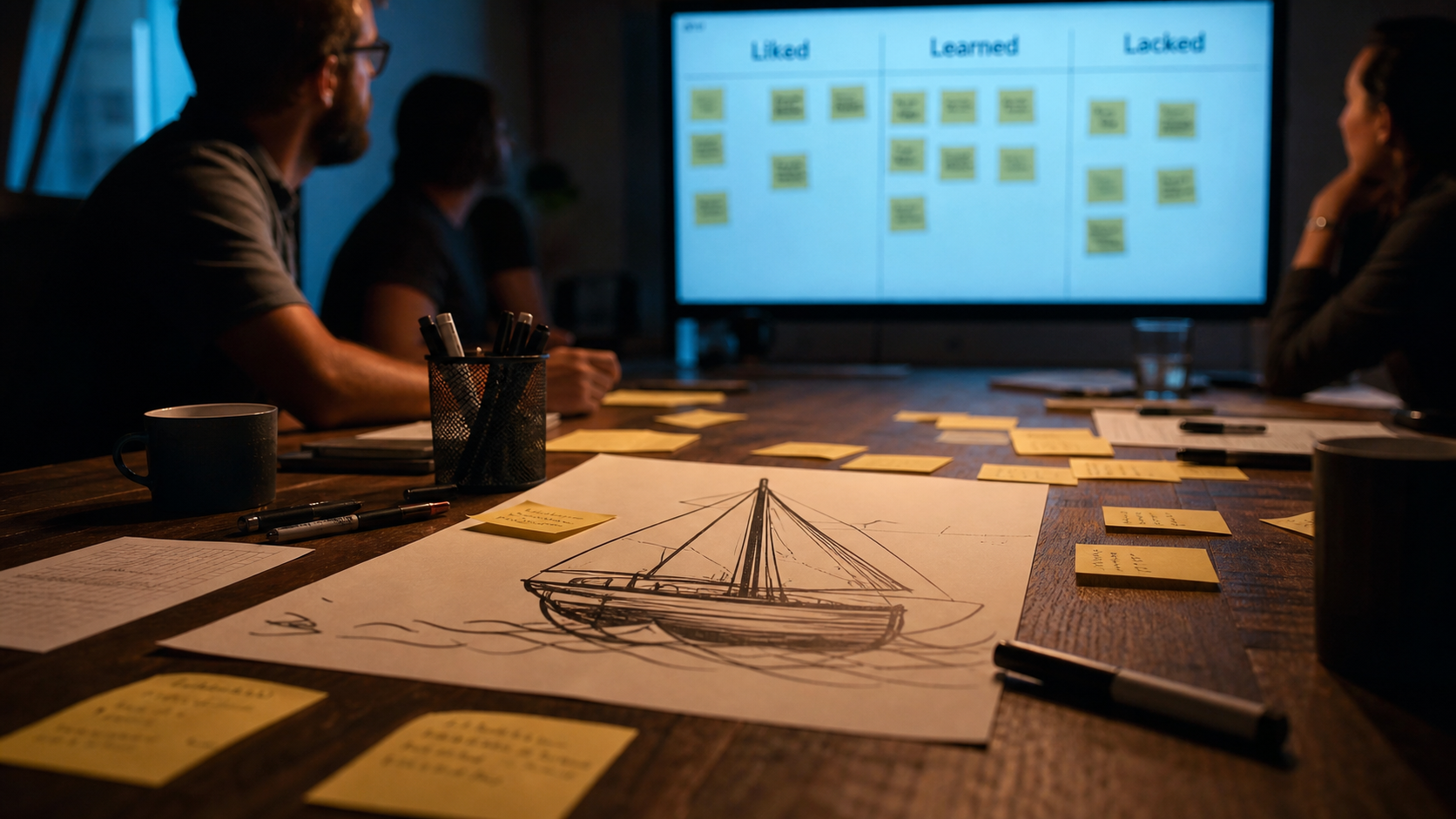 Exemple de rétrospective agile avec voilier Liked/Learned/Lacked sur post-it