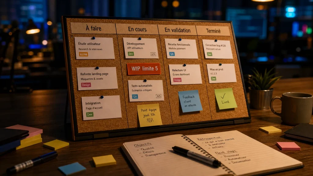 Outil kanban : tableau Kanban avec limite WIP et flux