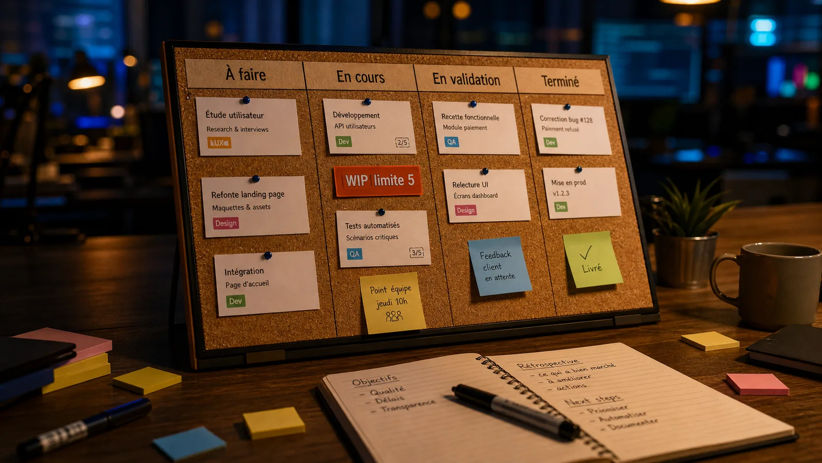 Outil kanban : tableau Kanban avec limite WIP et flux