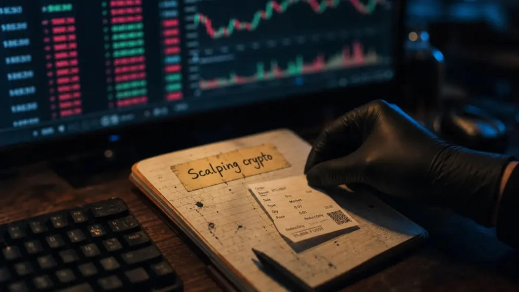 Scalping crypto sur écran avec graphique 1-15 minutes
