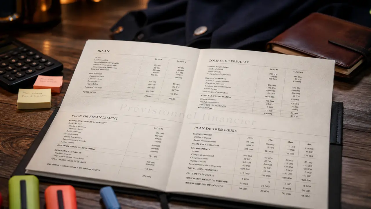 Business plan prévisionnel : 4 tableaux financiers (bilan, compte de résultat, plan de financement, trésorerie)