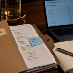 Business plan simplifié en 4 blocs, prévisionnel et surlignage sur papier