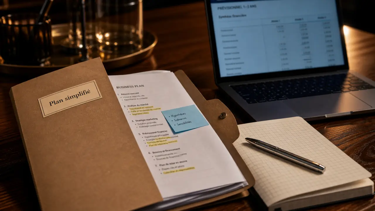 Business plan simplifié en 4 blocs, prévisionnel et surlignage sur papier