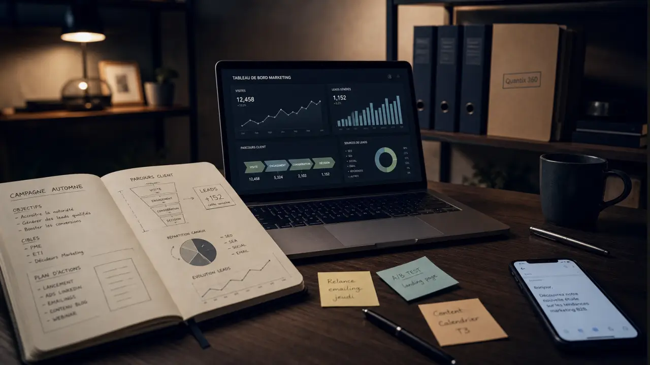 Comment déployer stratégie marketing Quantix 360 : 4 piliers, tableau de bord marketing