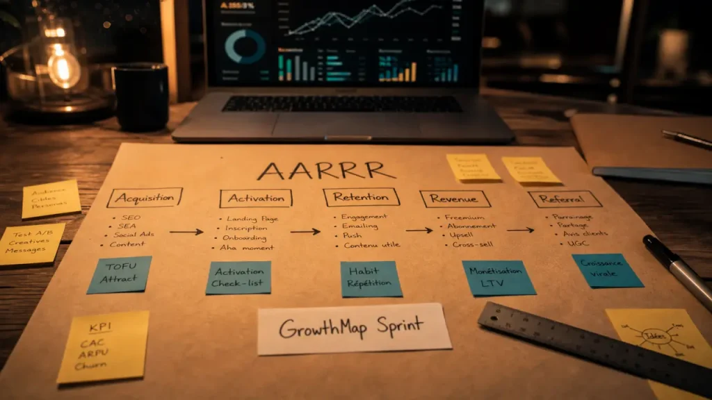 Comment utiliser stratégie marketing GrowthMap : sprint 30 jours, AARRR et KPI