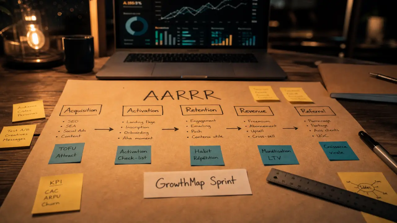 Comment utiliser stratégie marketing GrowthMap : sprint 30 jours, AARRR et KPI