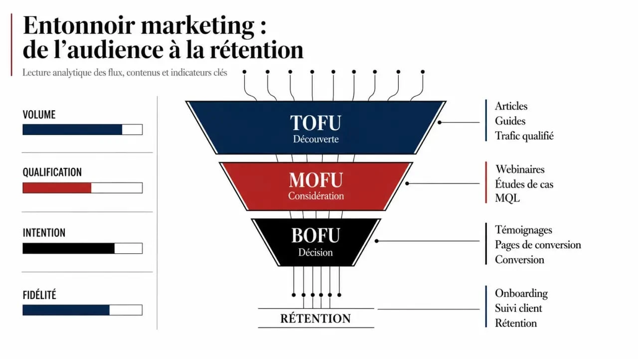 Stratégie marketing funnel optimizer avis utilisateurs illustrée par un entonnoir TOFU MOFU BOFU et des KPI clés