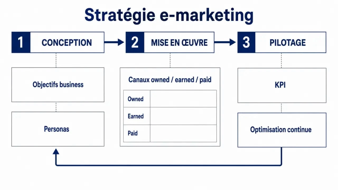 Stratégie e marketing illustrée par un schéma des étapes conception, mise en œuvre et pilotage