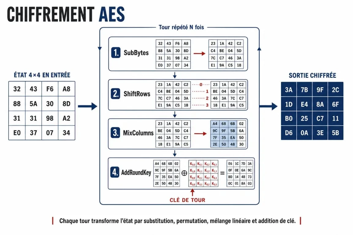 Schéma du fonctionnement de aes crypto avec les étapes SubBytes, ShiftRows, MixColumns et AddRoundKey