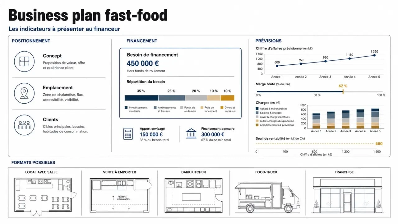 Business plan restauration rapide : infographie éditoriale des rubriques clés, des chiffres et des points de vigilance