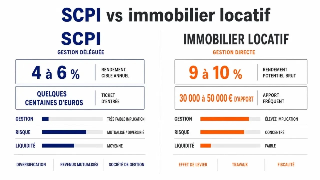 Infographie SCPI ou immobilier locatif comparant rendement, gestion, fiscalité et liquidité