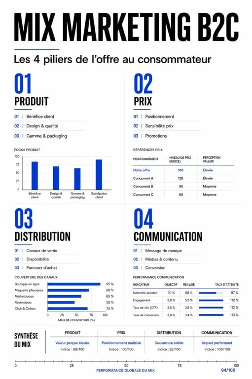 B2C marketing et les 4 piliers du mix marketing dans une composition éditoriale