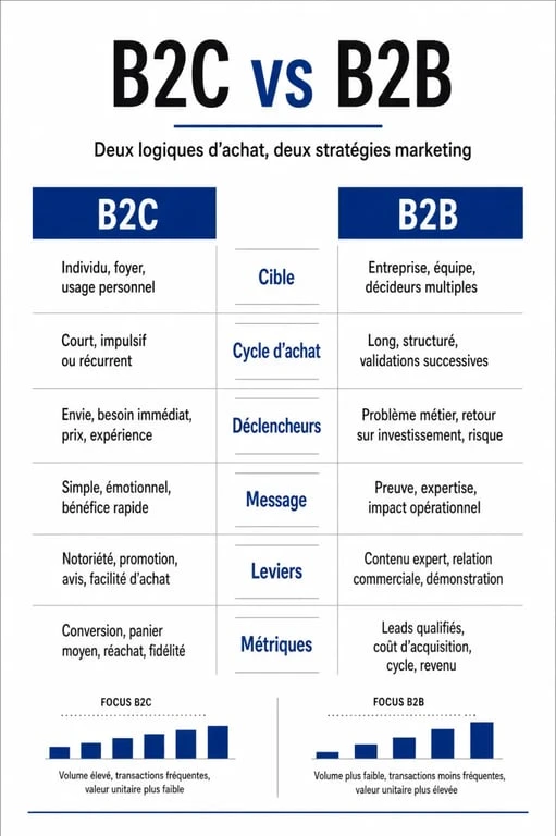 B2C marketing comparé au marketing B2B dans un visuel éditorial de synthèse