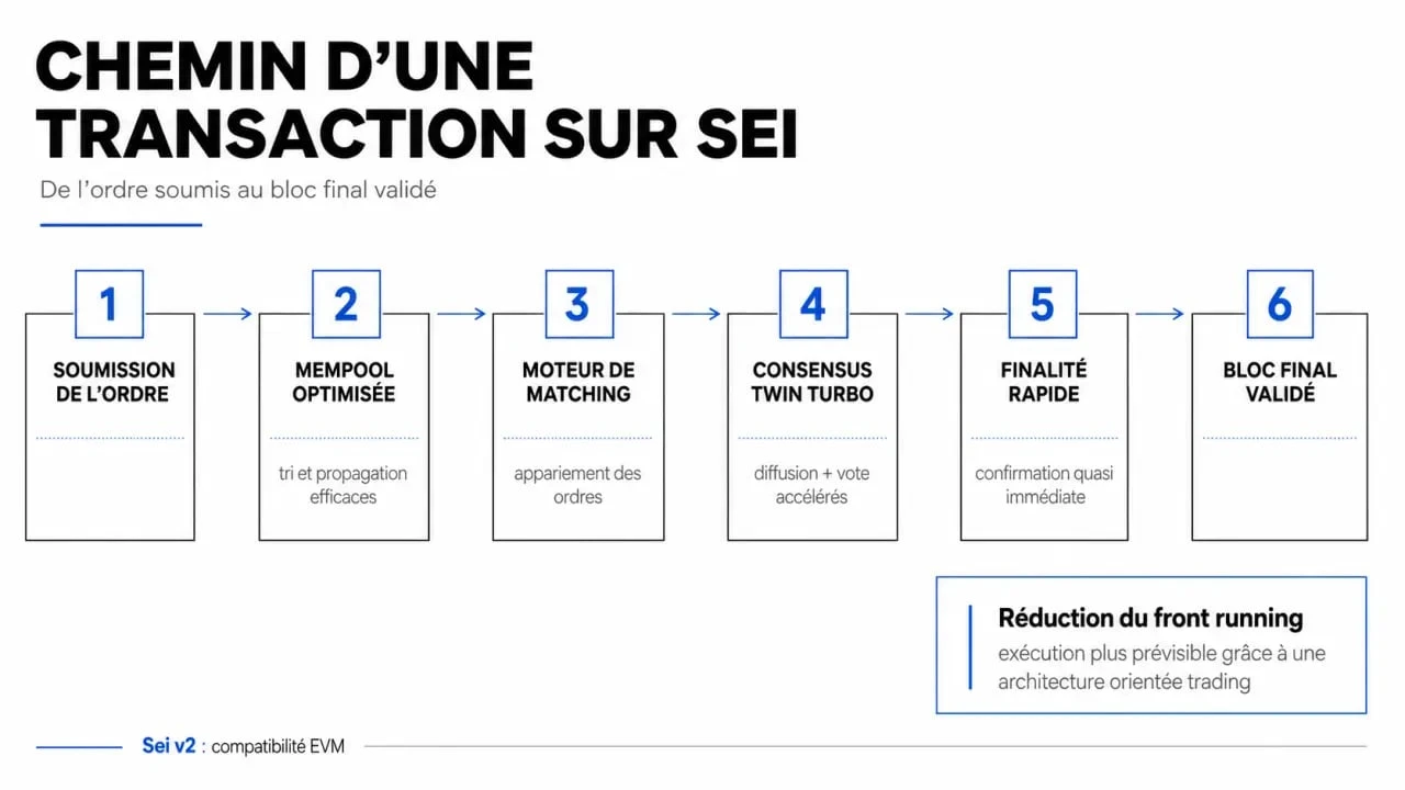 Schéma de fonctionnement de Sei crypto montrant la finalité rapide, le matching d'ordres et la réduction du front running