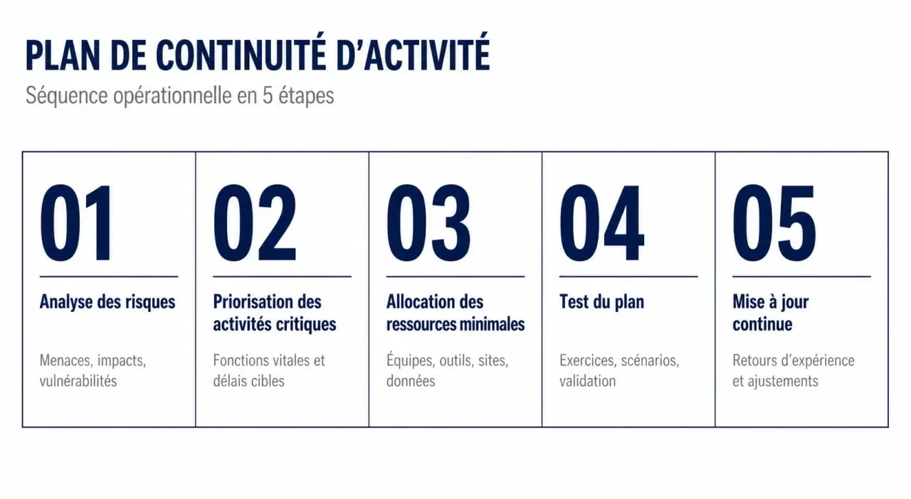 Business continuity plan : schéma des étapes clés de continuité d’activité