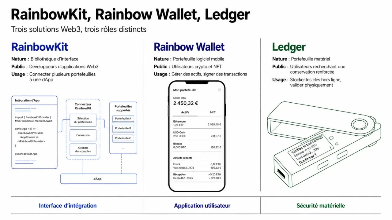 rainbow kit crypto wallet : comparaison claire entre RainbowKit, Rainbow wallet et Ledger