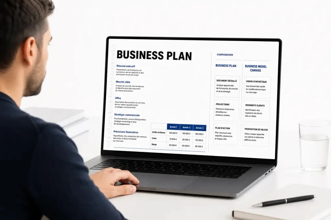 Canva business plan structuré en sections clés sur ordinateur portable