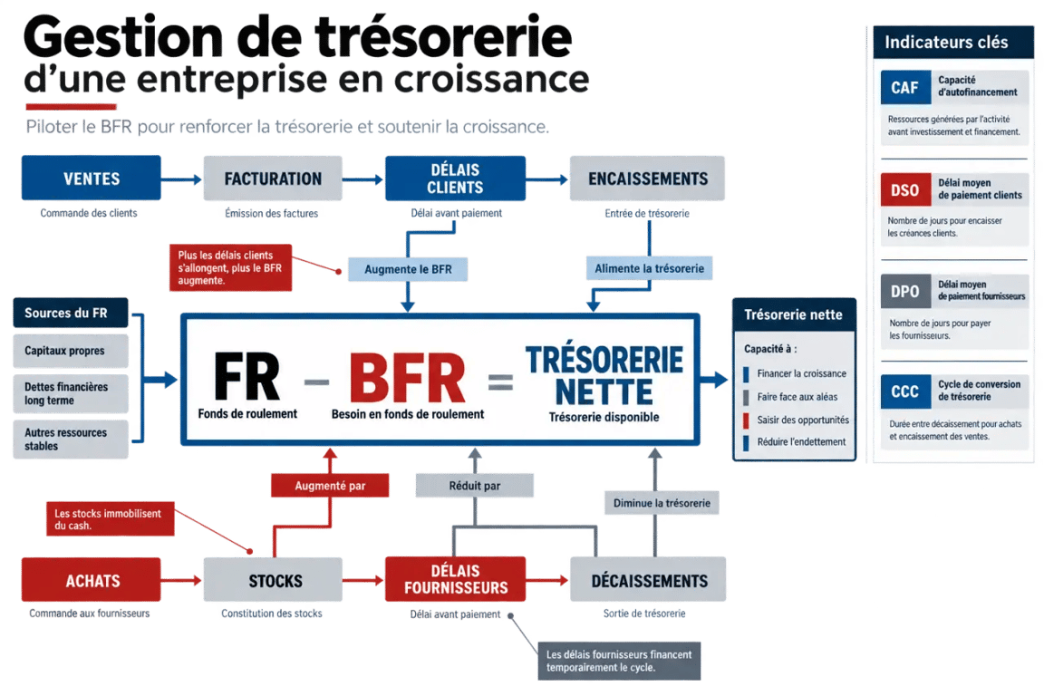 Optimiser la gestion de trésorerie pour les entreprises en croissance : schéma des flux de cash et des indicateurs clés