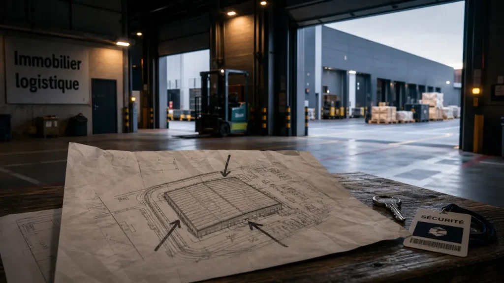 Investissement immobilier logistique : plan de site et entrepôt moderne