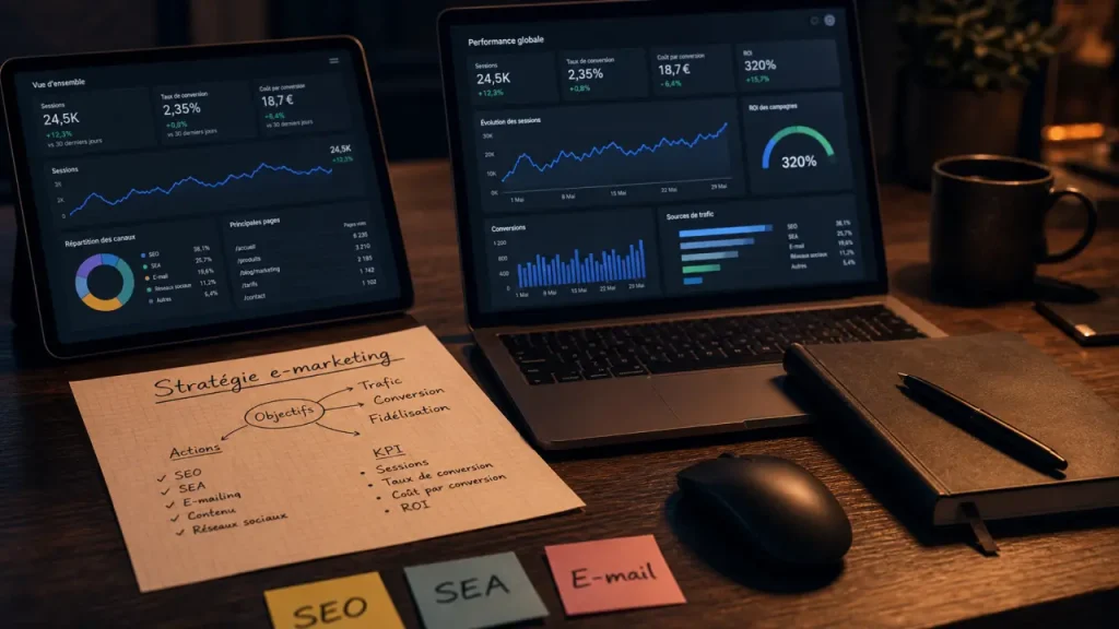 Stratégie e marketing : KPI e-marketing sur tableau de bord