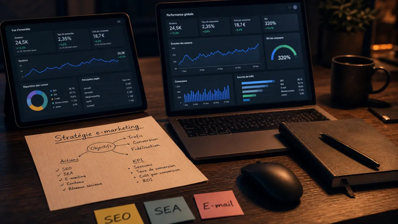 Stratégie e marketing : KPI e-marketing sur tableau de bord