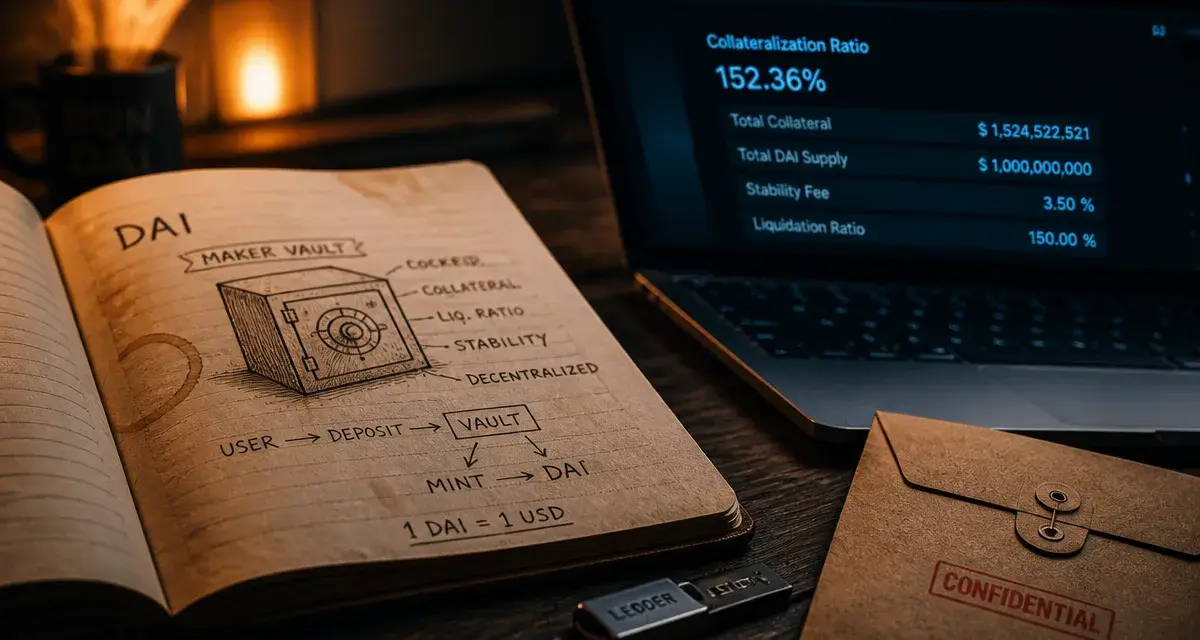 DAI crypto stable sur un bureau, garantie Maker Vault