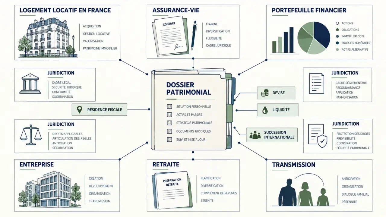 Gestion patrimoine expatrié : schéma éditorial des actifs, de la fiscalité et de la transmission internationale