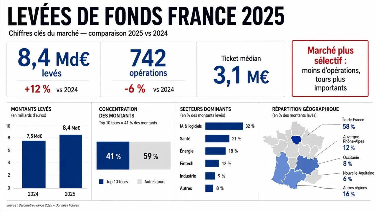 Levée de fonds France 2025 : infographie des montants levés, du recul des opérations et des secteurs dominants