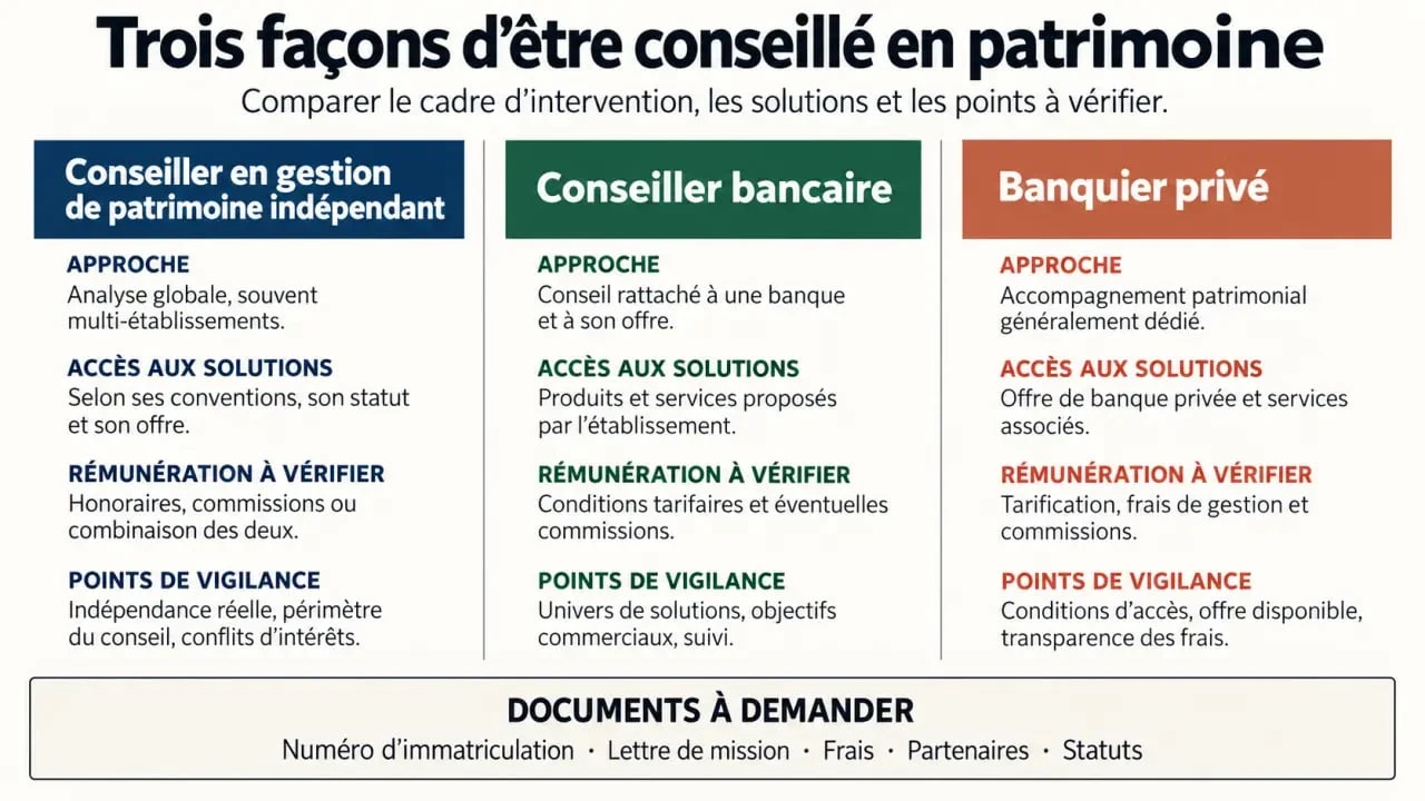 Infographie sur le conseiller en gestion de patrimoine indépendant et les différences avec une banque ou un banquier privé