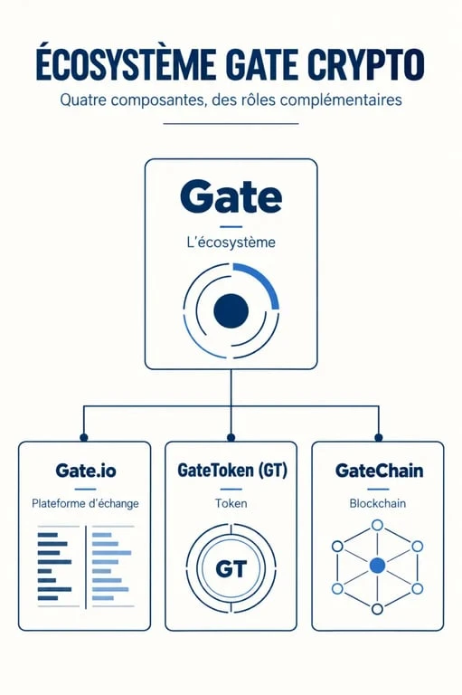 Infographie Gate Crypto distinguant Gate.io, GateToken GT et GateChain